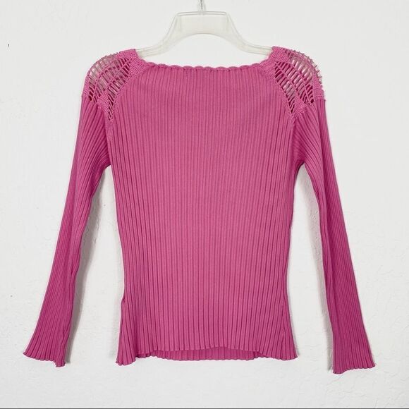 Vintage y2k Pink Ribbed Crochet Long Sleeve Top - Picture 4 of 7